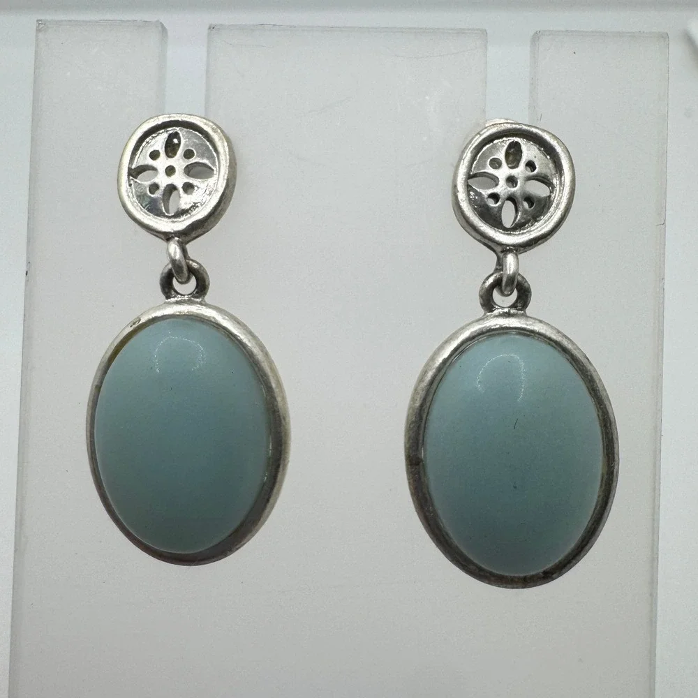 Sigrid Olsen Light Blue Oval Cabochon Silver Tone Floral Drop Earrings
